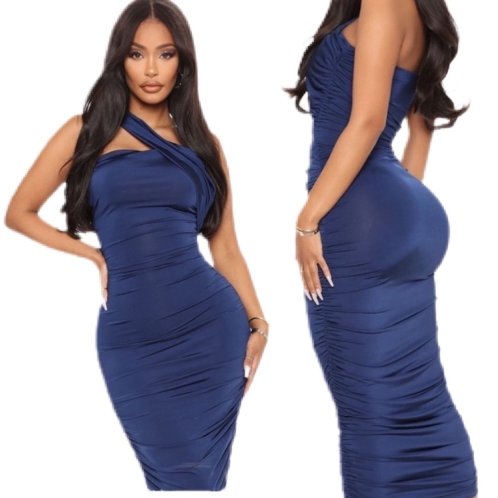 Fashion Nova Tessa Navy Ruched Midi Dress Size 3X